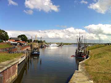 Hafen Greetsiel – Blick in den Hafen mit Krabbenkuttern