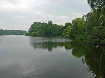 Kirchsee – Brücke am Seeauslauf, Blick entlang des Westufers